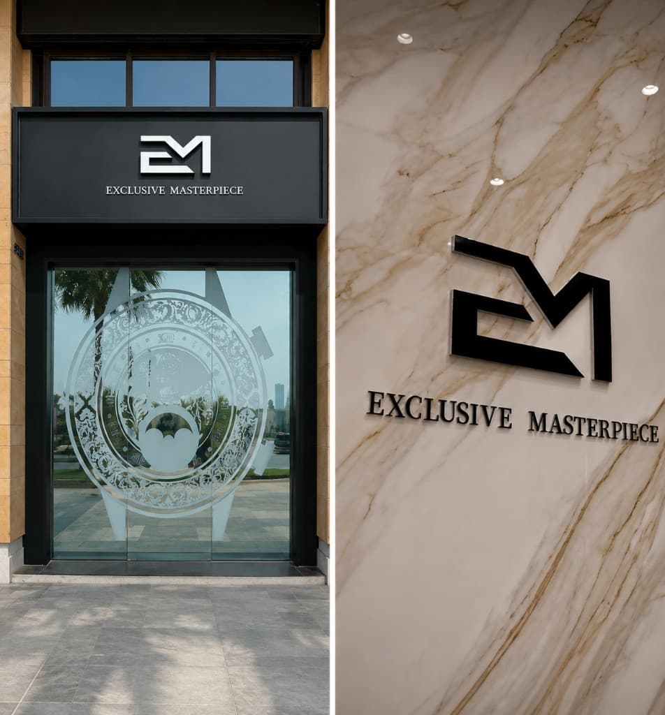 Exclusive Masterpiece boutique exterior and marble logo wall