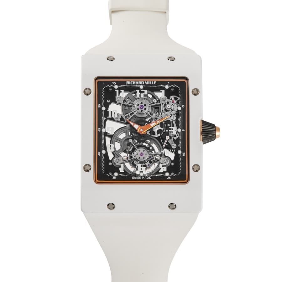 Richard Mille RM 017 tourbillon in white ceramic with skeletonized dial and white rubber strap
