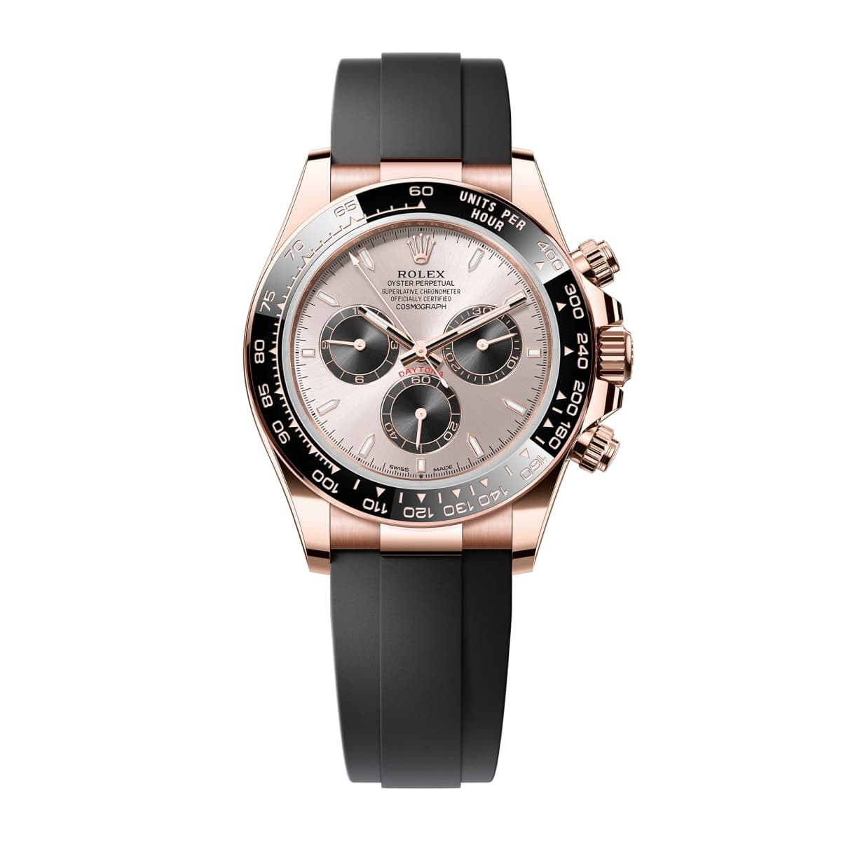 Rolex Cosmograph Daytona in Everose gold with sundust dial, black Cerachrom bezel and Oysterflex strap