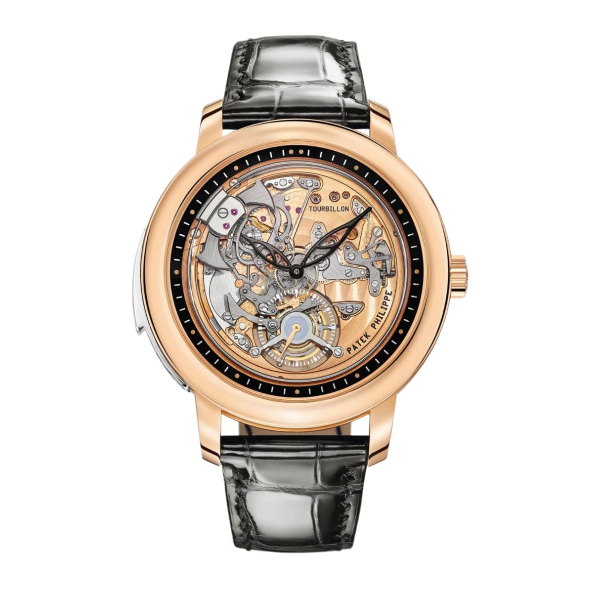 Patek Philippe skeletonized tourbillon in rose gold with black alligator strap
