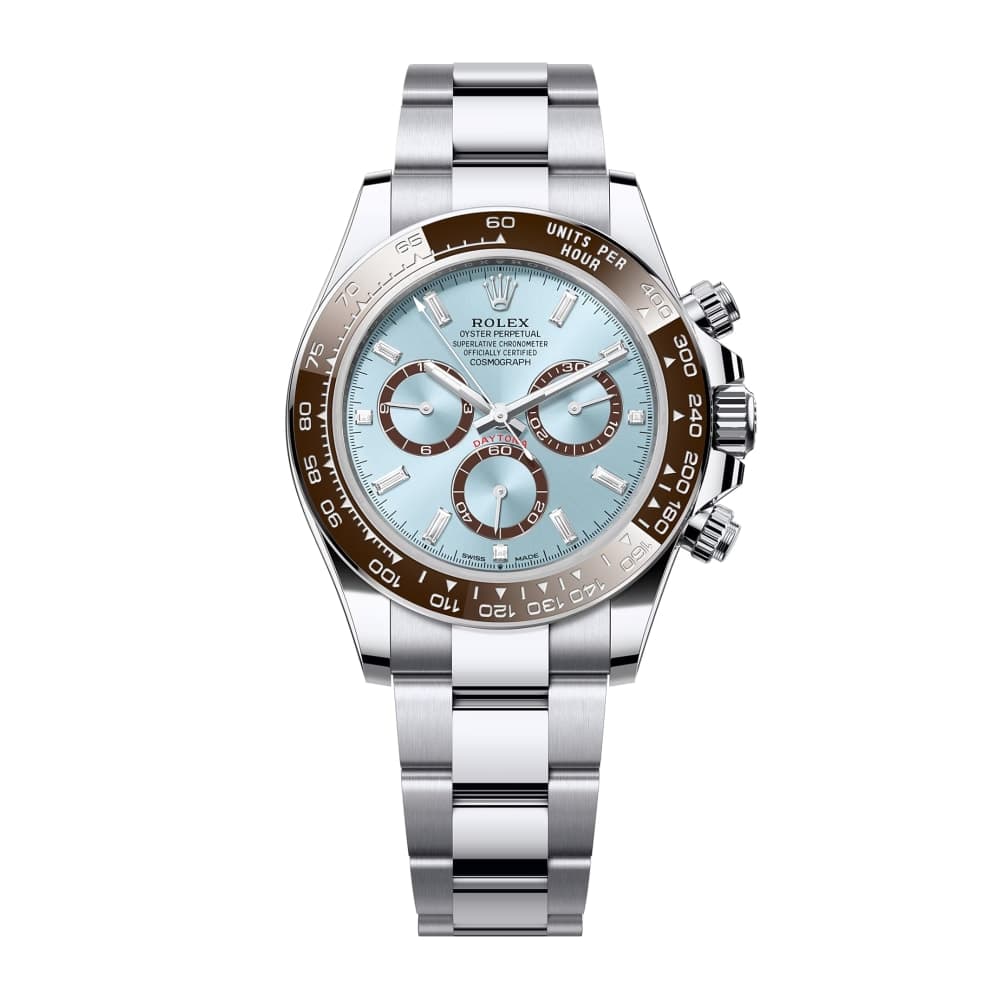 Rolex Cosmograph Daytona in platinum with ice-blue diamond dial and brown Cerachrom bezel