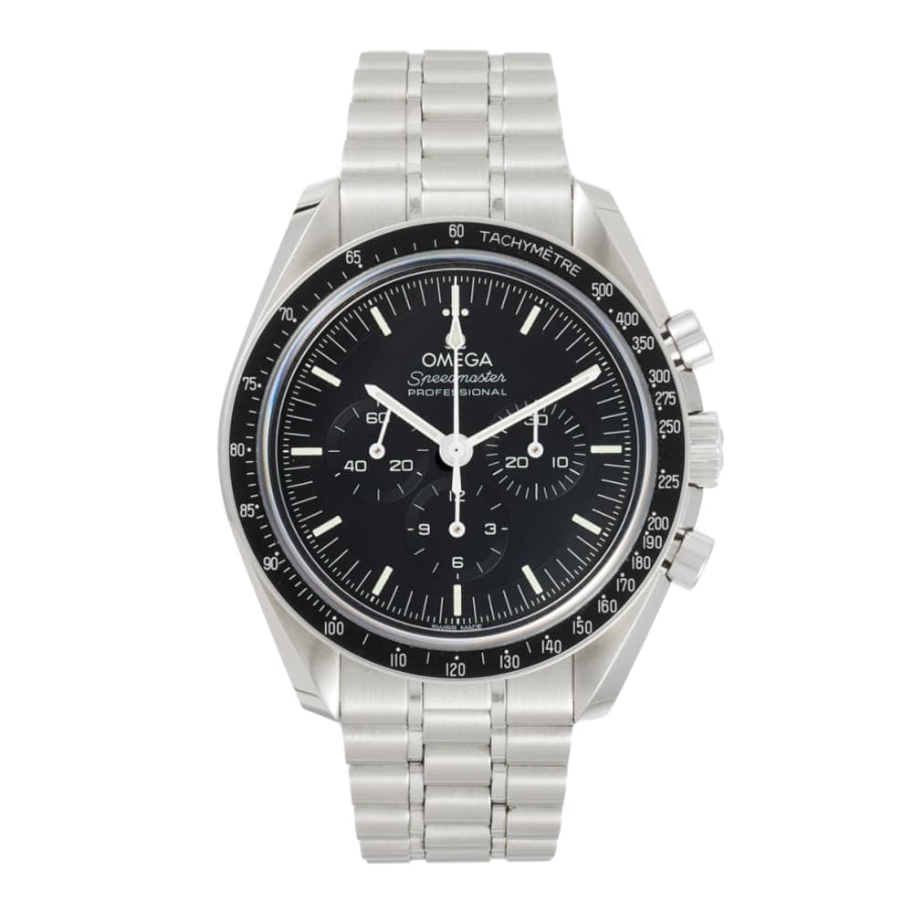 Omega Speedmaster Professional Moonwatch in steel with black dial and tachymeter bezel
