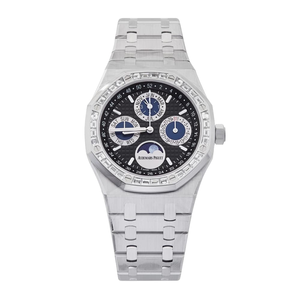 Audemars Piguet Royal Oak Perpetual Calendar with diamond-set bezel and black Grande Tapisserie dial